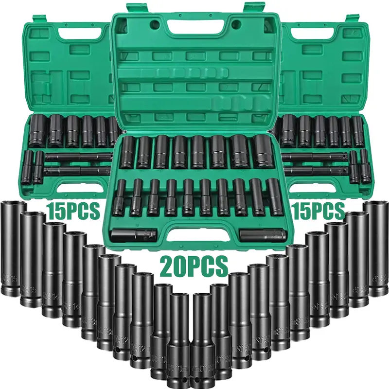 15/20-Piece Heavy-Duty 1/2" Drive Deep Metric Impact Socket Set, Durable Steel Construction for Tire Removal, Pneumatic Tool Compatible, 8mm to 32mm.Suitable for birthday, Thanksgiving, Christmas gifts