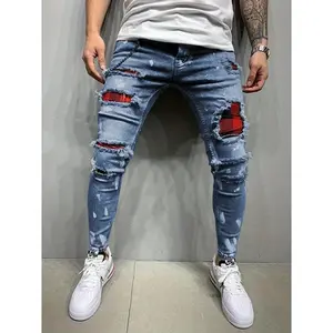 Men��s Ripped Jeans, Boys High Waist Trousers, Street Style Washed Denim Pants, Close-Fitting Stretch Polyester Blend, Black/Blue/Gray, S/M/L/XL/XXL/XXXL, Spring Fall Casual Wear, Hand Wash or Dry Clean