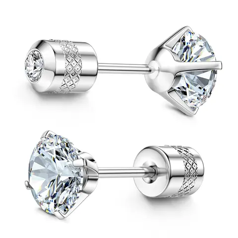 Women's Implant Grade Titanium Post Flat Back Earrings - 5A 6mm Cubic Zirconia, Stainless Metal Coating, Hypoallergenic Body-Safe Earrings for Sensitive Ears, Secure Design, Daily Elegant Sleeper Piercing Jewelry for Anniversary, Birthday, Christmas