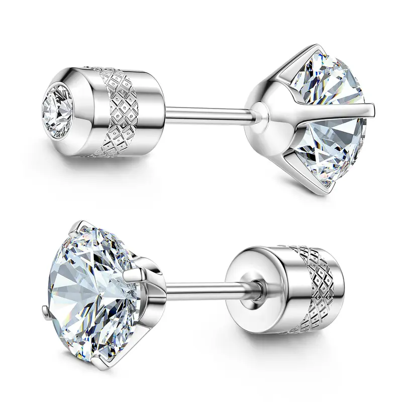 Women's Implant Grade Titanium Post Flat Back Earrings - 5A 6mm Cubic Zirconia, Stainless Metal Coating, Hypoallergenic Body-Safe Earrings for Sensitive Ears, Secure Design, Daily Elegant Sleeper Piercing Jewelry for Anniversary, Birthday, Christmas