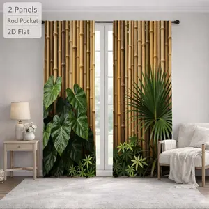 2Pcs Tropical Style Bamboo Leaves Pattern Sun Blocking Curtains Digital Printed Rod Pocket, Window Treatment For Bedroom Office Kitchen Living Room Study Home Decor