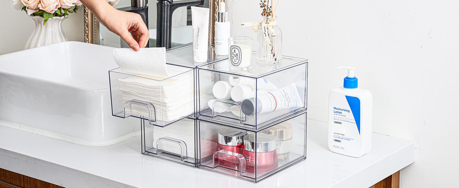 4 Pack Small Clear Stackable Storage Drawers,Acrylic Bathroom Makeup Organizer,Plastic Storage Bins For Vanity, Undersink, Kitchen Cabinets, Pantry, Home Organization