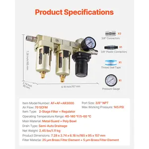 VEVOR Air Compressor Filter Regulator, 3/8 NPT Dual Stage Air-Drying System with 25m+ 5m Brass Filter Element, Semi-Auto Drain Air Compressor Water Separator 145PSI Max Working Pressure, Poly Bowl