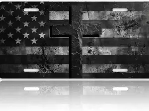 Black White USA Flag American Cross Front License Plate for Women - Aluminum Metal Decorative Car Plates, Cute Novelty License Plate Cover for Men 6x12 Inch (4 Holes)