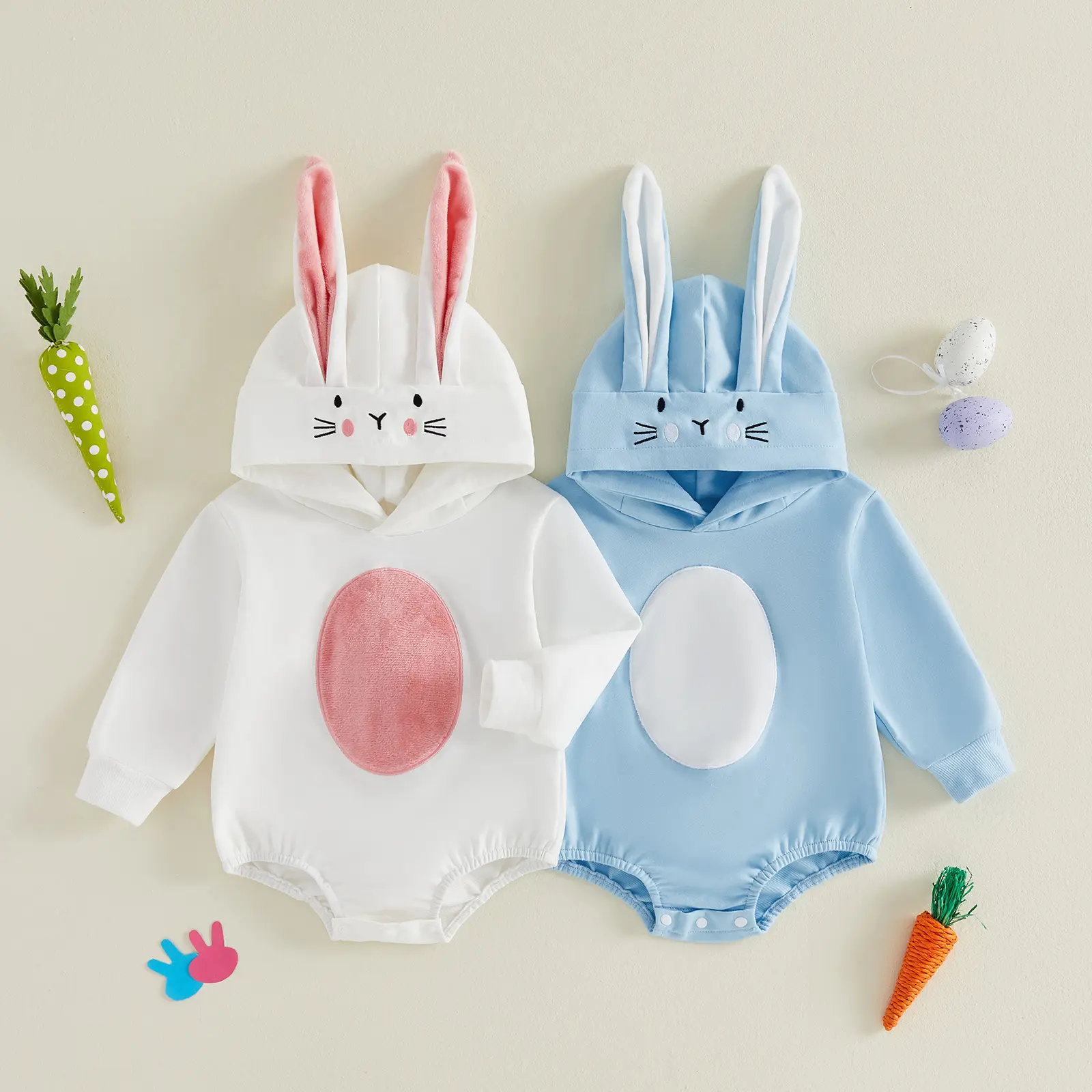 Infant Baby Boy Girl Easter Hooded Rompers Cute Contrast Color Long Sleeve Bunny Ear Jumpsuit 0-18 Months