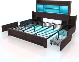 [Ships in 2 Boxes] [Summervibes] AMERLIFE LED Bed Frame with 49.6"Tall Bookcase Headboard&4 Storage Drawers, Platform Bed with Charging Station&2 Slide Bedside Shelf, Apartment Furniture/Unique Bedroom Furniture/Christmas Gifts