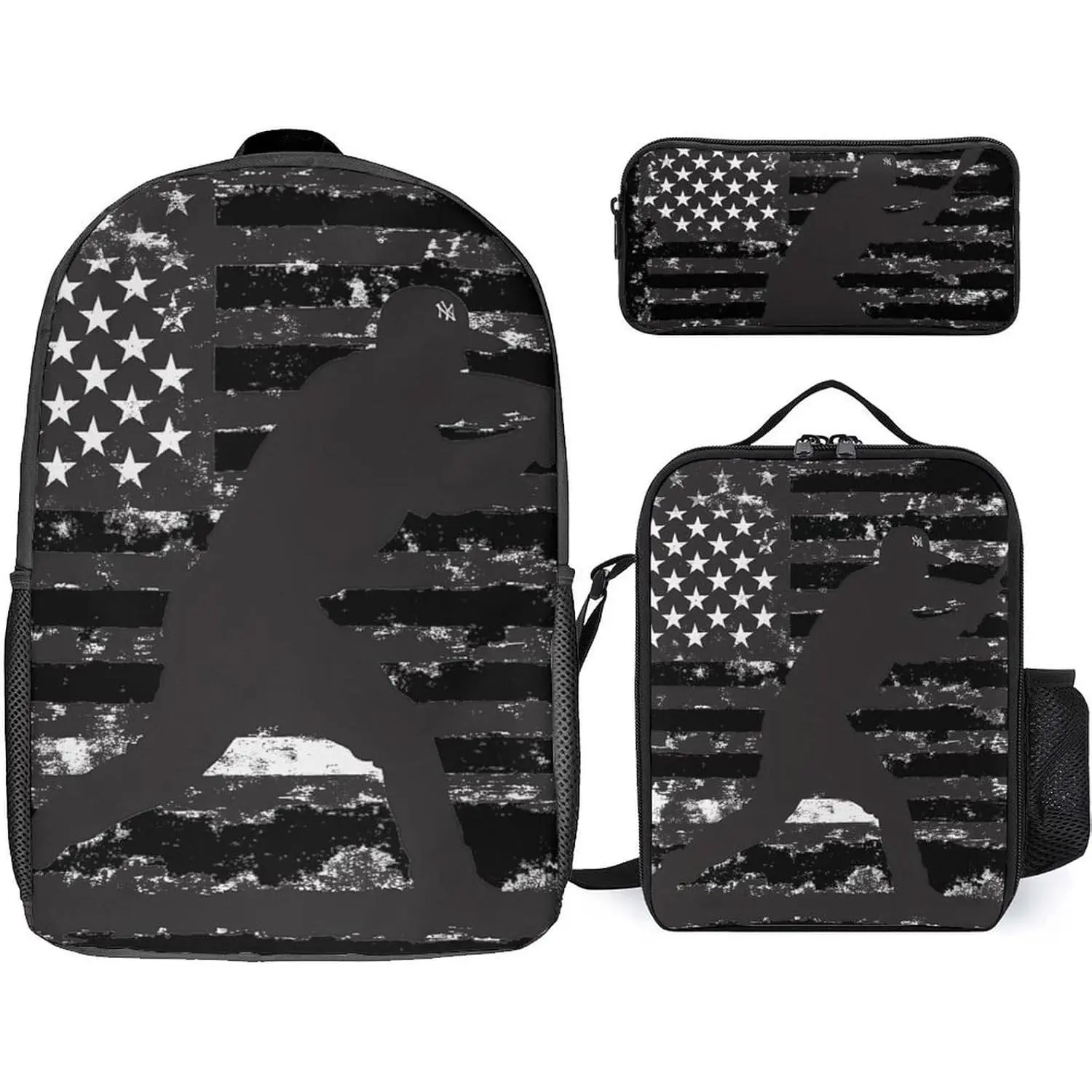 American Flag Baseball Backpack Set, 3-Piece Waterproof Bag for Back to School with Insulated Lunch Box & Pencil Case, Fits 17 Inch Laptop, Back To School Haul, Polyester Fits, Family, Zipper