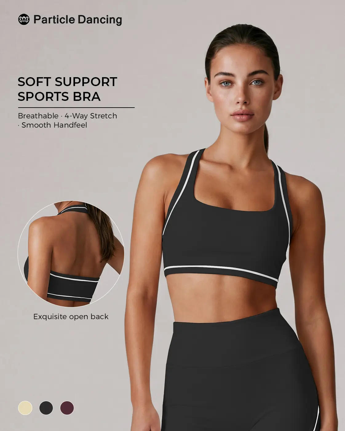 Women’s Contrast Trim Sports Bra, Scoop Neck Low Back Workout Bra with Wide Straps, Soft Stretch Supportive Yoga Bra for Pilates, Studio, Gym, Tenniscore and Everyday Activewear