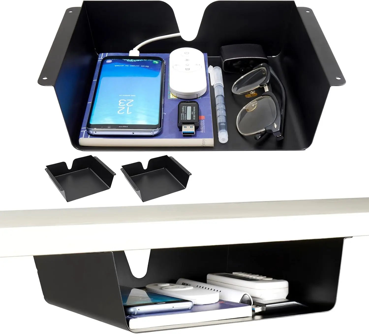 Under Desk Storage Shelf 2 Pack- Under Desk Drawer With Built in Cable Management For Home, Office, Gaming Setups, Kitchen (Black)