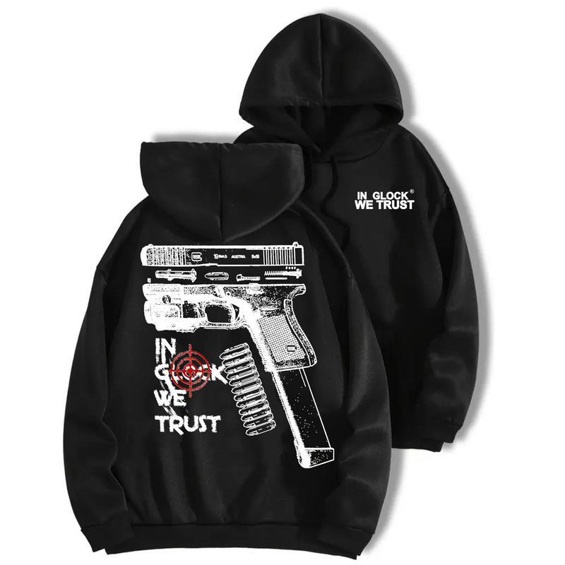 In Glock We Trust Ver2 Hoodie – 2 Sided Gun Graphic Pullover, Tactical Pistol Print Sweatshirt, Vintage Firearm Logo T-Shirt, Unisex  Streetwear Top for Men & Women hoodies go hard riot streetwear new york outfit casual weekend style trendy
