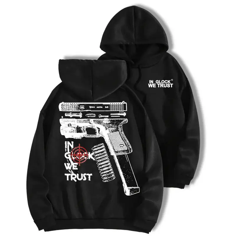 In Glock We Trust Ver2 Hoodie – 2 Sided Gun Graphic Pullover, Tactical Pistol Print Sweatshirt, Vintage Firearm Logo T-Shirt, Unisex  Streetwear Top for Men & Women hoodies go hard riot streetwear new york outfit casual weekend style trendy