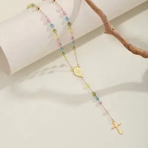18k Gold Plated Beaded Rosary with Colorful Beads and Cross Charm Religious Jewelry