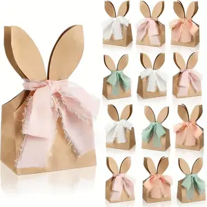 12-Piece Bohemian Style Easter Bunny Party Gift Bags, DIY Bunny Gift Box with Neutral Color Bow Ribbon and Dried Flowers, Vintage Paper Bunny Ear Candy Bags, Easter Spring Bulk Packaging, Bulk Quantity Options, Spring Celebrations