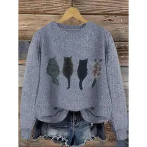 New Women's Cat Print Hoodie, Coarse Needle Digital 3D Print Casual Long-Sleeve Round Neck Hoodie