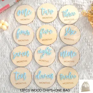 Baby Milestone Cards Set, Wooden Round Monthly Growth Tracker, Newborn Photography Props, 12 Pieces, Wooden Letter Sign, Record Baby's Development