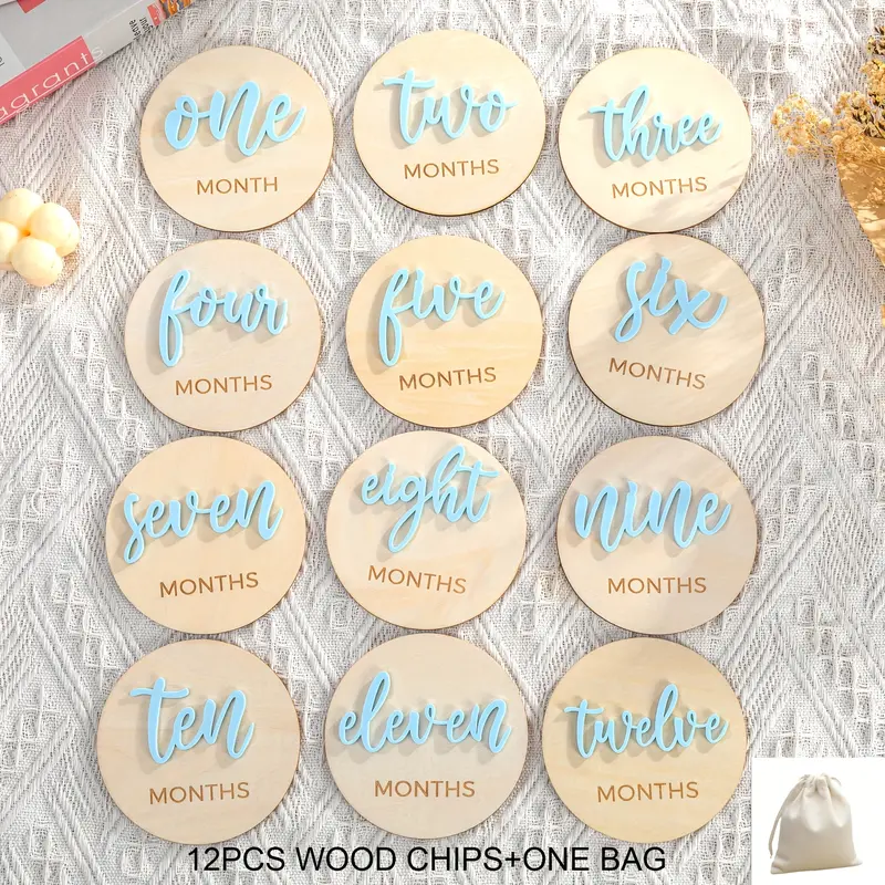 Baby Milestone Cards Set, Wooden Round Monthly Growth Tracker, Newborn Photography Props, 12 Pieces, Wooden Letter Sign, plaque and sign, Milestone Signs, Record Baby's Development