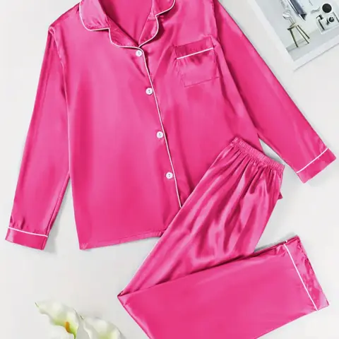 【Valentine's Day】Two-Piece Set Women's Solid Contrast Binding Satin Pyjamas, Long Sleeve Lapel Button Front Shirt & Elastic Waist Pants PJ Set, Casual Comfortable Indoor Loungewear Sleepwear Set for Women