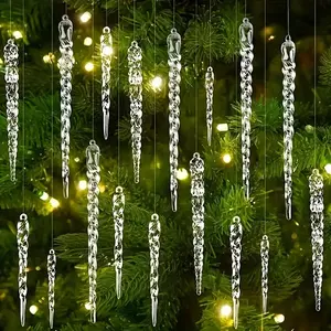 24 Pcs Christmas Tree Crystal Icicle Ornaments, Transparent Acrylic Hanging Decorations for New Year Wedding Winter Party Decoration