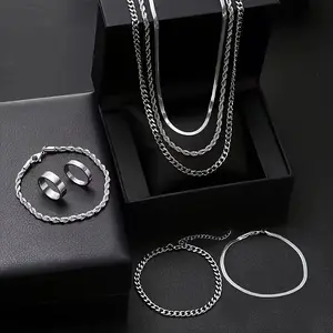 8pcs Fashion Street Style Stainless Steel Snake Chain Necklace + Bracelet + Ring Set for Men's Daily Outing, Trendy Jewelry Ideal Gift for Boyfriend or Father on Christmas/Valentine's Day