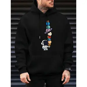 Oversized Heavyweight Fleece Hooded Sweatshirt Featuring Astronaut and Planet Graphics Ideal for Casual Autumn and Winter Wear