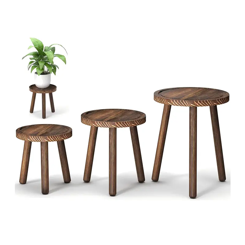 3-Pack Wood Plant Stands Indoor, Single Plant Stand for 6-12 Inch Pots, Mid-Century Modern Plant Stool, Tall Plant Stand for Large Plants for Living Room, Balcony, Office