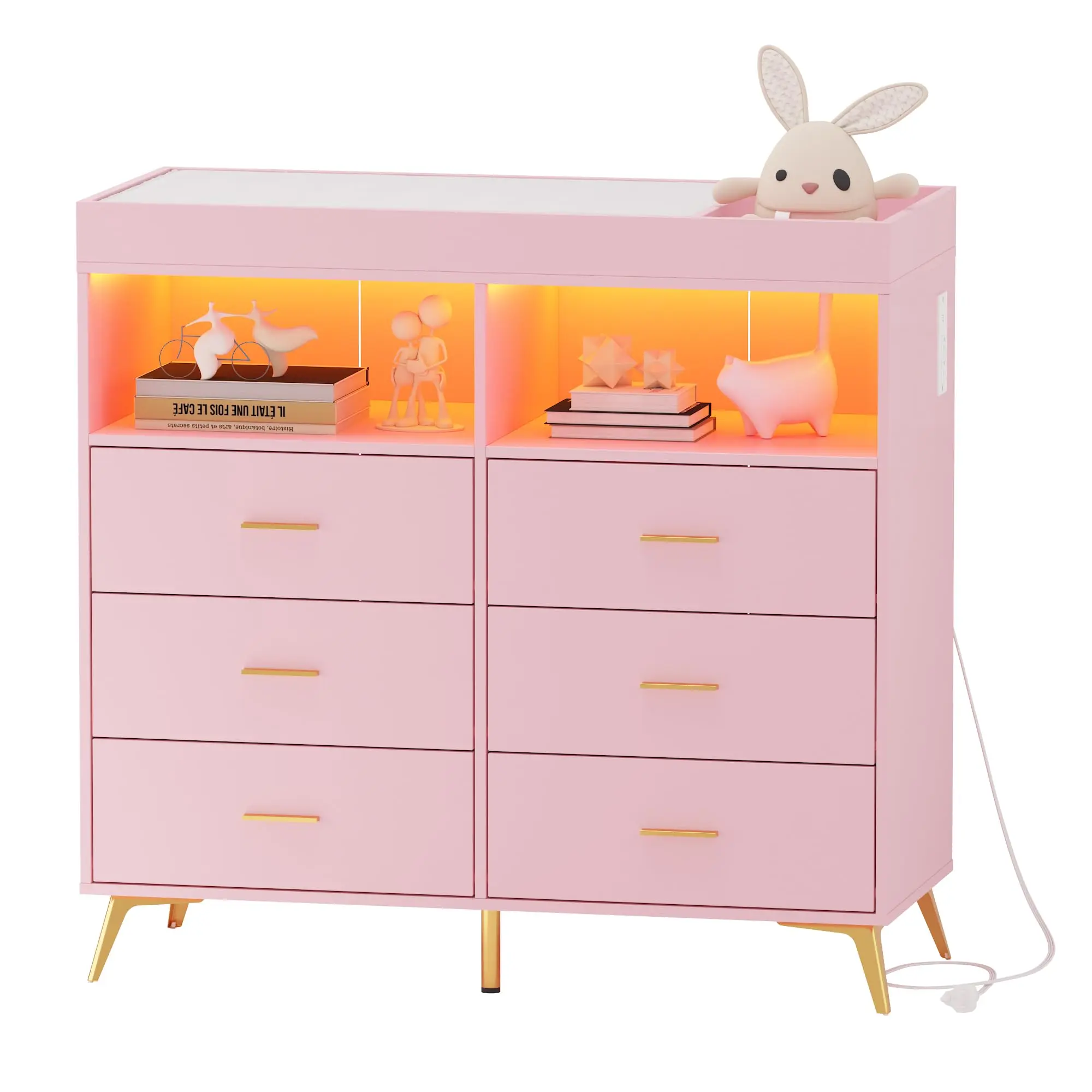 Garvee Baby Changing Table Dresser with 6 Drawers, Nursery Dresser with LED Lights & USB Charging Station, Baby Changing Station with Pad and Storage Organizer for Nursery Room