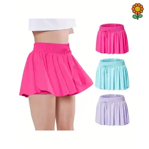 DZP-3pcs Girls' Flowy Athletic Shorts with Spandex Liner - 2-in-1 Butterfly Skirt Design for Running, Fitness & Sports, Elastic Waistband, Light Purple, Blue-Green, Mint Green, Non-See-Through Nylon Blend Fabric