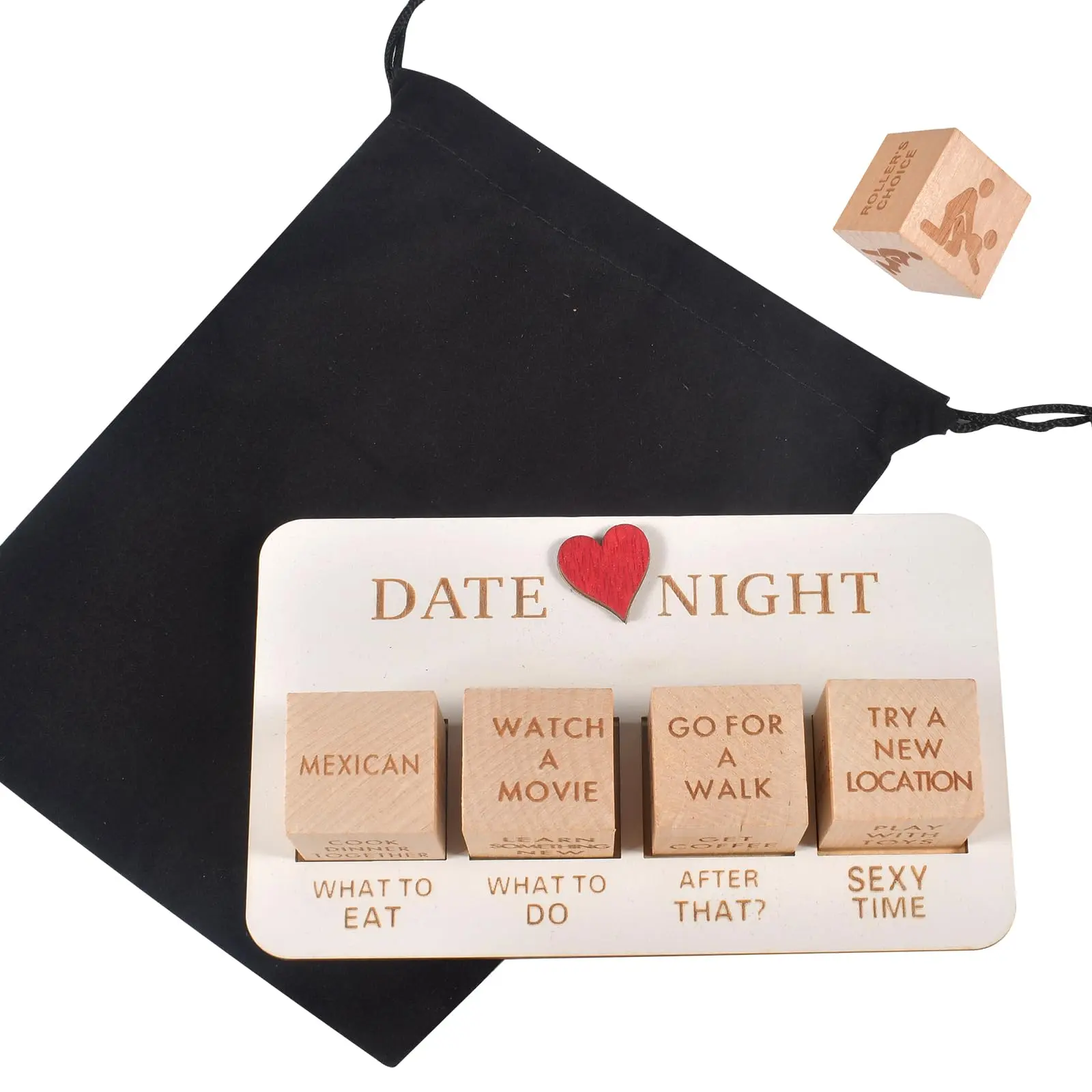 Solid Wood Rolling Dice Set - Portable Tabletop Games Kit with Portable Storage Bag for Couples (Ages 12+), Date Night & Romantic Gift for Anniversary, Valentine’s Day, Christmas, Weddings