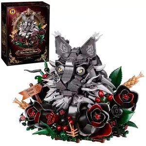 Gothic Maine Coon Cat Rose Building Blocks Set - DIY Assembly Model Kit, Creative Desktop Ornament, Ideal Holiday Gift for Collectors