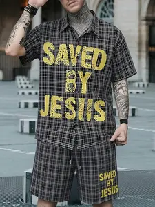 Men's Christian Two-Piece Set, Plaid Shirt + Shorts, Faith Lover Casual Streetwear, Jesus Saved, Religious Fashion