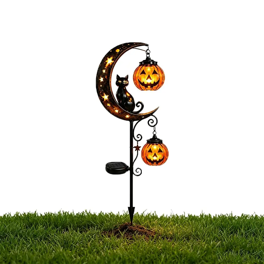 Solar Halloween Garden Stake Light - Black Cat, Pumpkin & Crescent Moon Design, Outdoor Waterproof LED Decoration, Hanging Jack-o'-Lantern Lantern for Garden, Patio