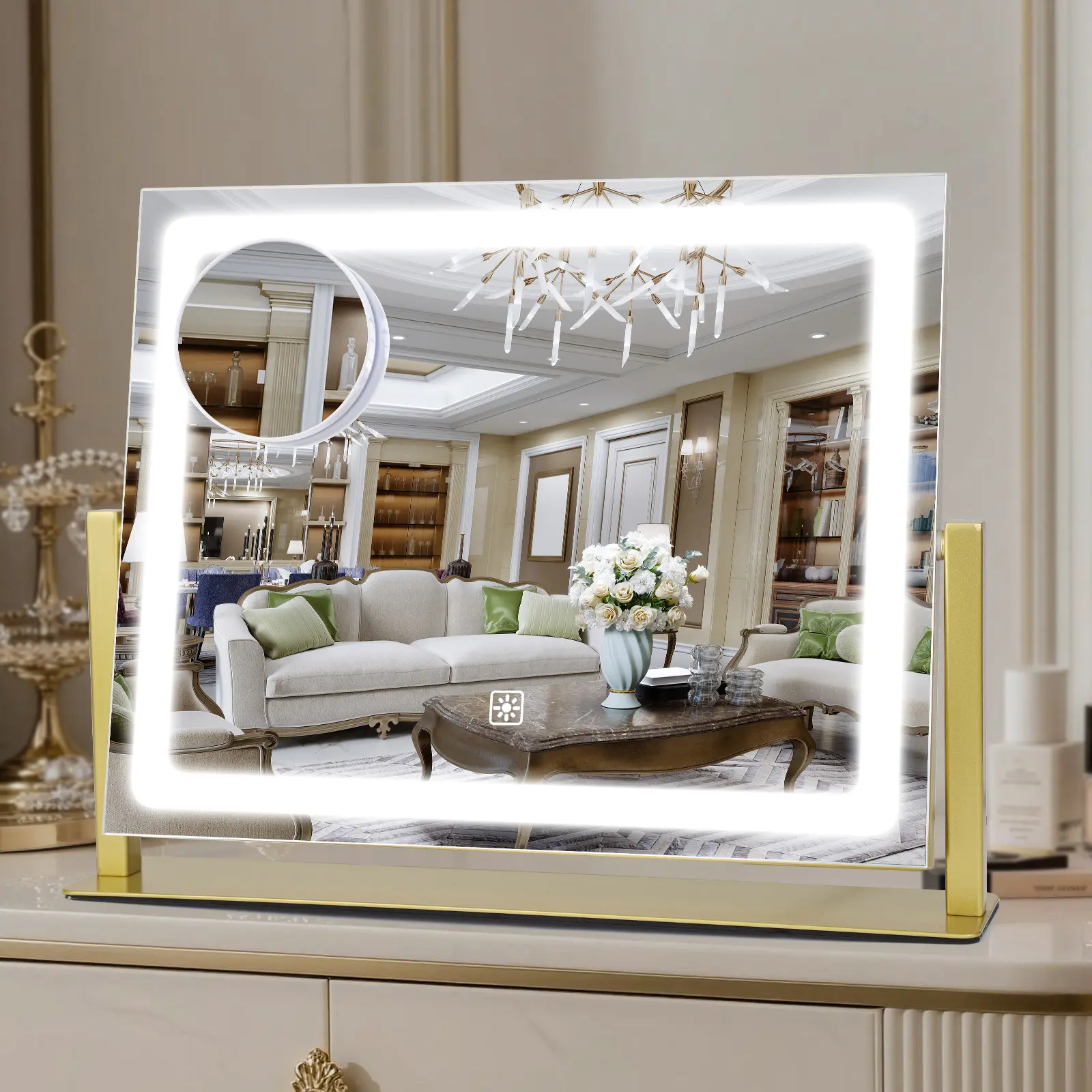 Bearolve 15.7x13.8in Gold Frame LED Vanity Mirror, 360° Rotatable 3-Color Dimmable Light with 10X Magnifier, Back To School Gift for Daughter, Perfect Gift for Mom, Sister & Beauty Lovers