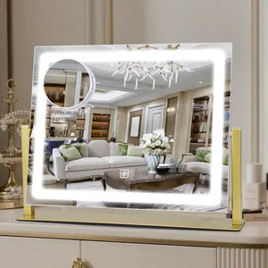 Vanity Mirror with Lights, 14"×11" LED Makeup Mirror, Rounded Frame, 10X Magnification, Smart Touch with 3-Color Lighting, Dimmable, 360° Rotation, Lighted Up for Makeup Desk, Bedroom (Gold) Aluminium Glass