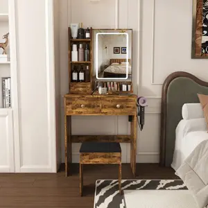 Bellemave  Modern small Vanity Desk ,featuring 3 modes of LED lighting with adjustable brightness, 3 drawers and multiple open storage shelves, a hair dryer holder and power socket, and a dressing chair