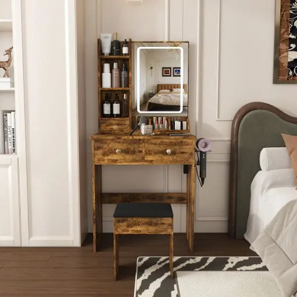 Bellemave  Modern small Vanity Desk ,featuring 3 modes of LED lighting with adjustable brightness, 3 drawers and multiple open storage shelves, a hair dryer holder and power socket, and a dressing chair
