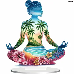 Classic Style 2D Flat Print Yoga Woman Tabletop Diamond Painting Kit, Acrylic Board, Crystal-Shine Round Diamonds, DIY Needlework Ornament for Home & Office Decor