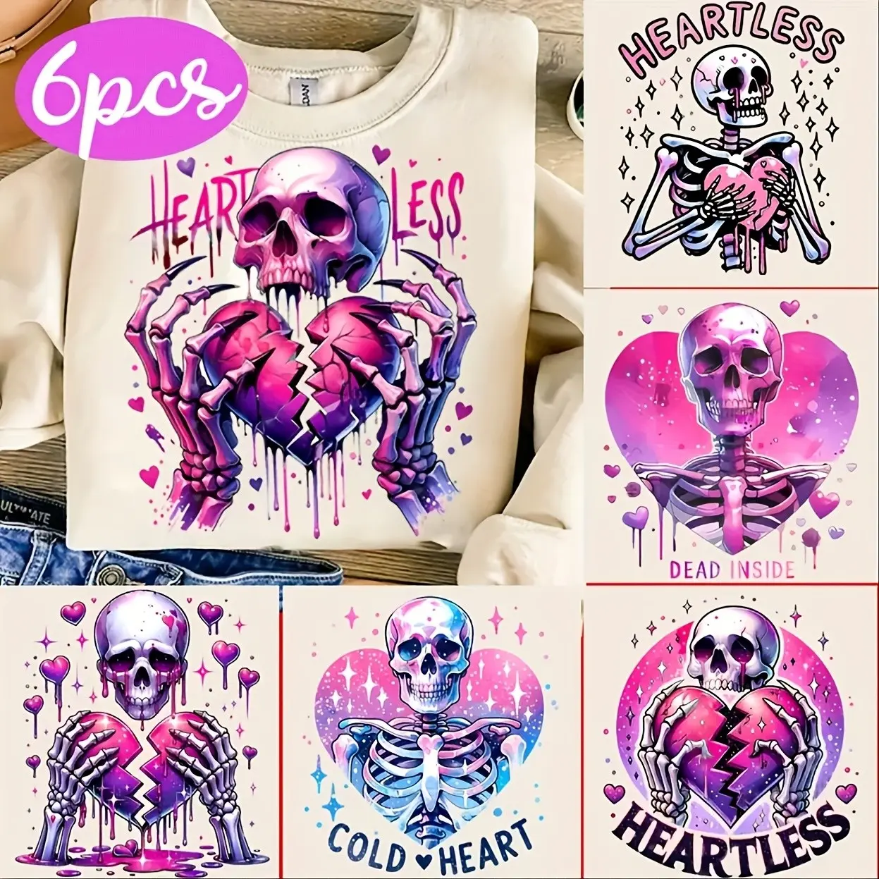 Valentine's Day Skull Heart Iron-On Stickers, Durable Plastic Material, Perfect for T-Shirts, Jeans, Masks, Backpacks, Gothic Heat Transfer Decals