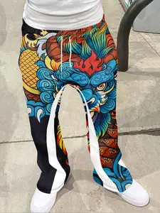 Colorful Chinese Guardian Lion Pattern Bell Bottoms, Vibrant Eastern Casual Pants, Geometric Style, Fitted, All Seasons