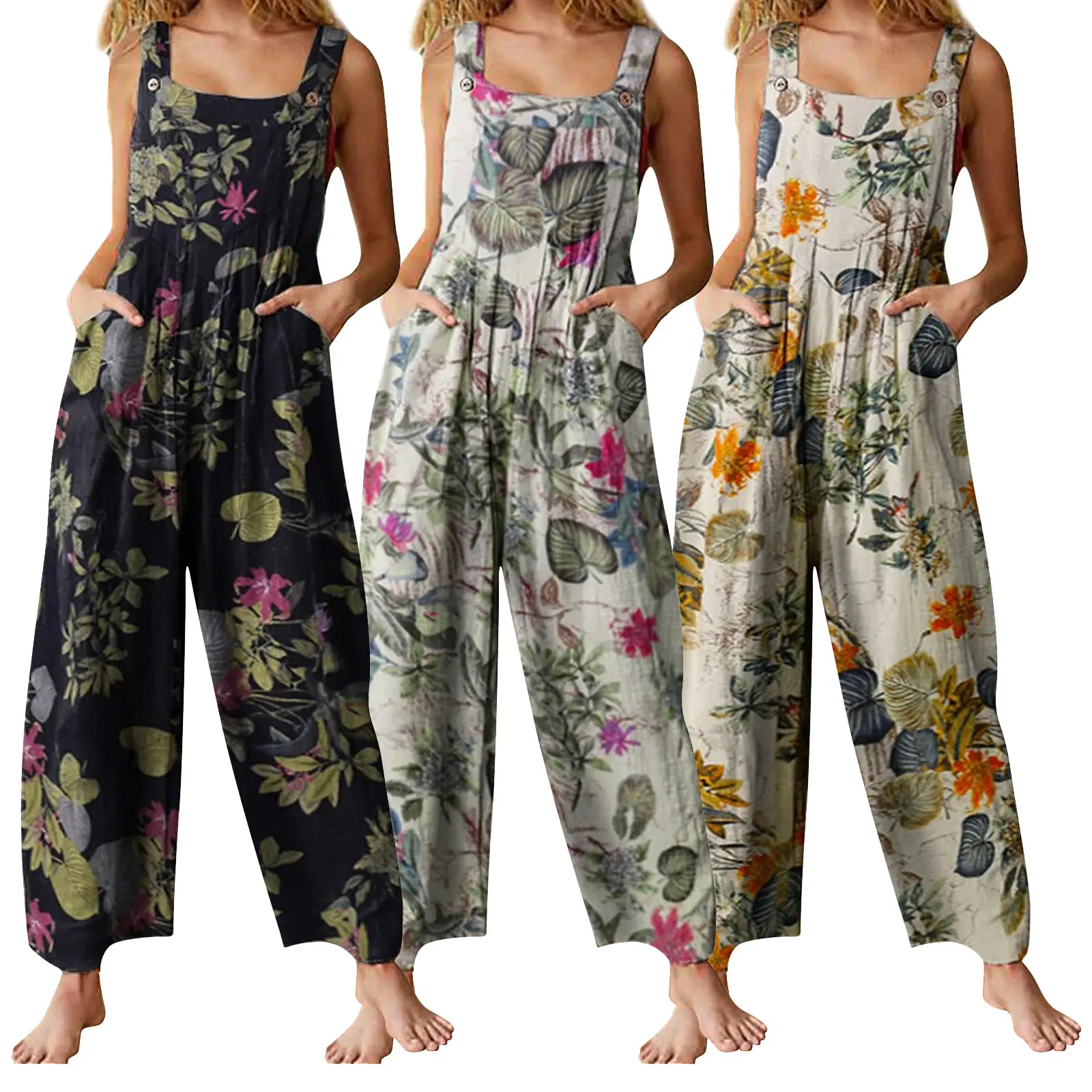 Women's Plus-Size Square Neck Sleeveless Linen-Cotton Leaf Floral Print Full-Length Casual Jumpsuit with Pockets, Strap Detail, Outdoor-Ready Hip-Flattering Design, Check Measurement Chart, XXL for Outdoors