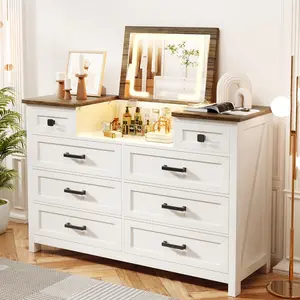 MIIFUNY Dresser with Mirror for Bedroom, Chest of Drawers with LED Mirror, 8 Drawer Dresser, White Dressers for Kids, Wood Dressers, Farmhouse Makeup Vanity with Storage for Bedroom
