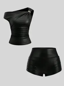 Women's Fashionable Basic PU Fabric Shiny Sleeveless Vest & Pleated Shorts Set, Spring Summer Fall, Casual Wear