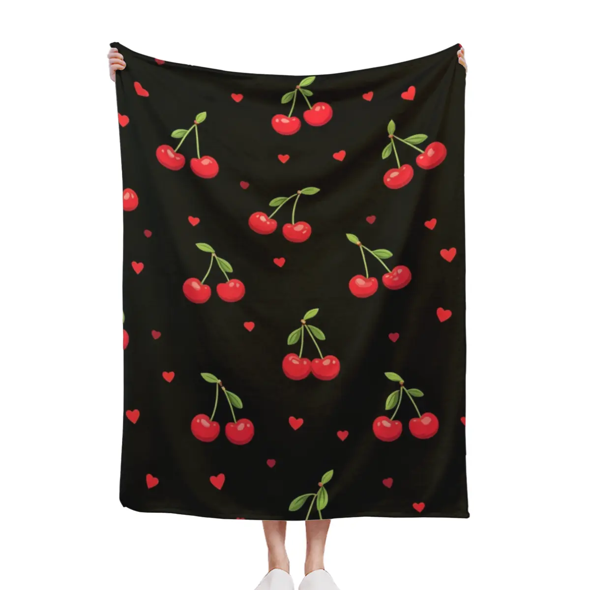 Ultra-Soft Flannel Flannel Cherry Pattern Blanket with Red Cherries & Black Hearts, Plush Warm All-Season Throw for Home Office Travel Sofa Bed, Modern Luxury Decorative Gift for Women &Back-to-School Gift,All Season Throw for Bedroom Bed Sofa Couch Livi