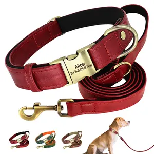 Soft Padded Custom Dog Collar Leash PU Leather Dog Collars Durable Pet Necklace Rope Free Engraving for Small Large Dogs