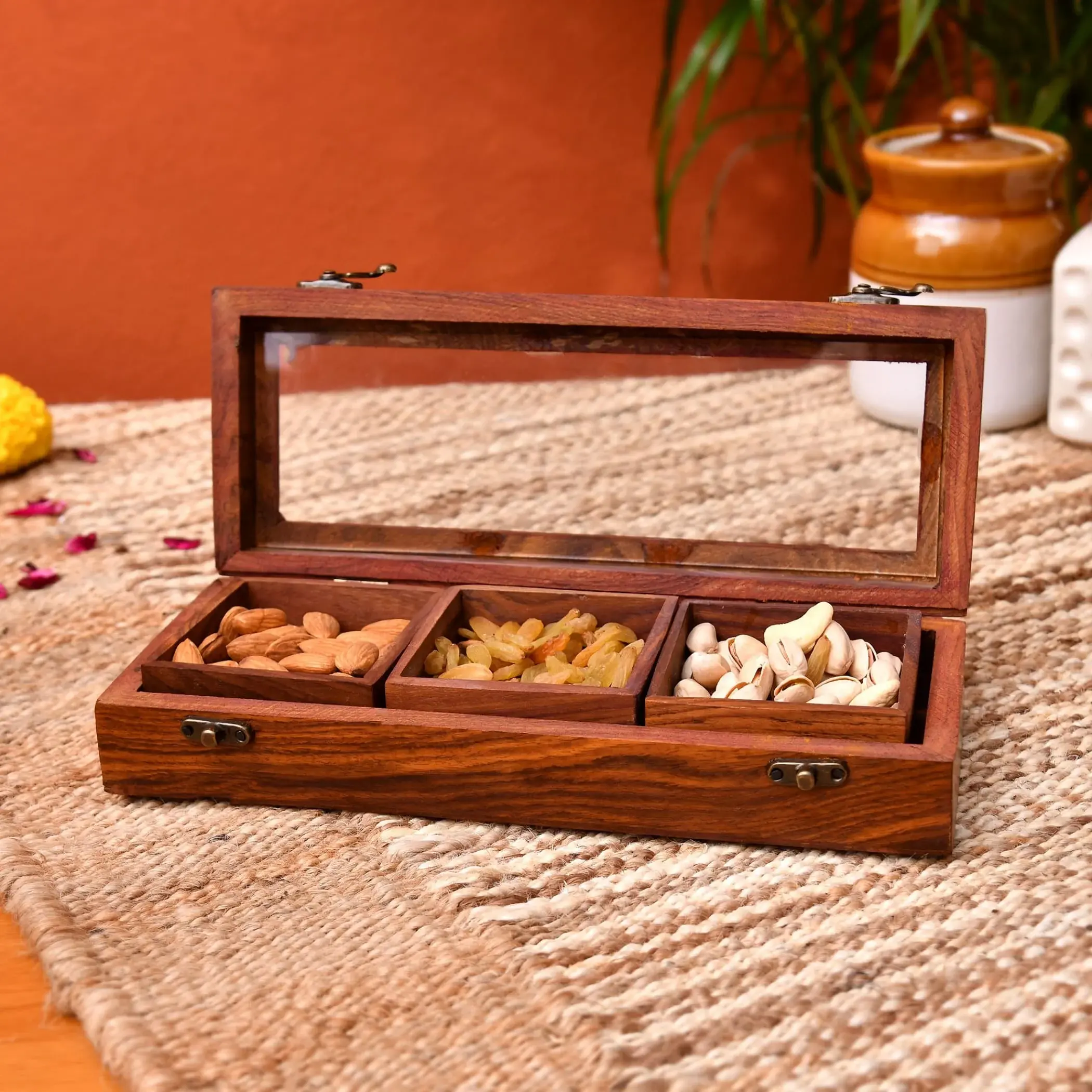 Wooden Masala Dabba Spice Box Organizer | Traditional Indian Kitchen Storage with Clear Lid & Removable Containers for Daily Cooking
