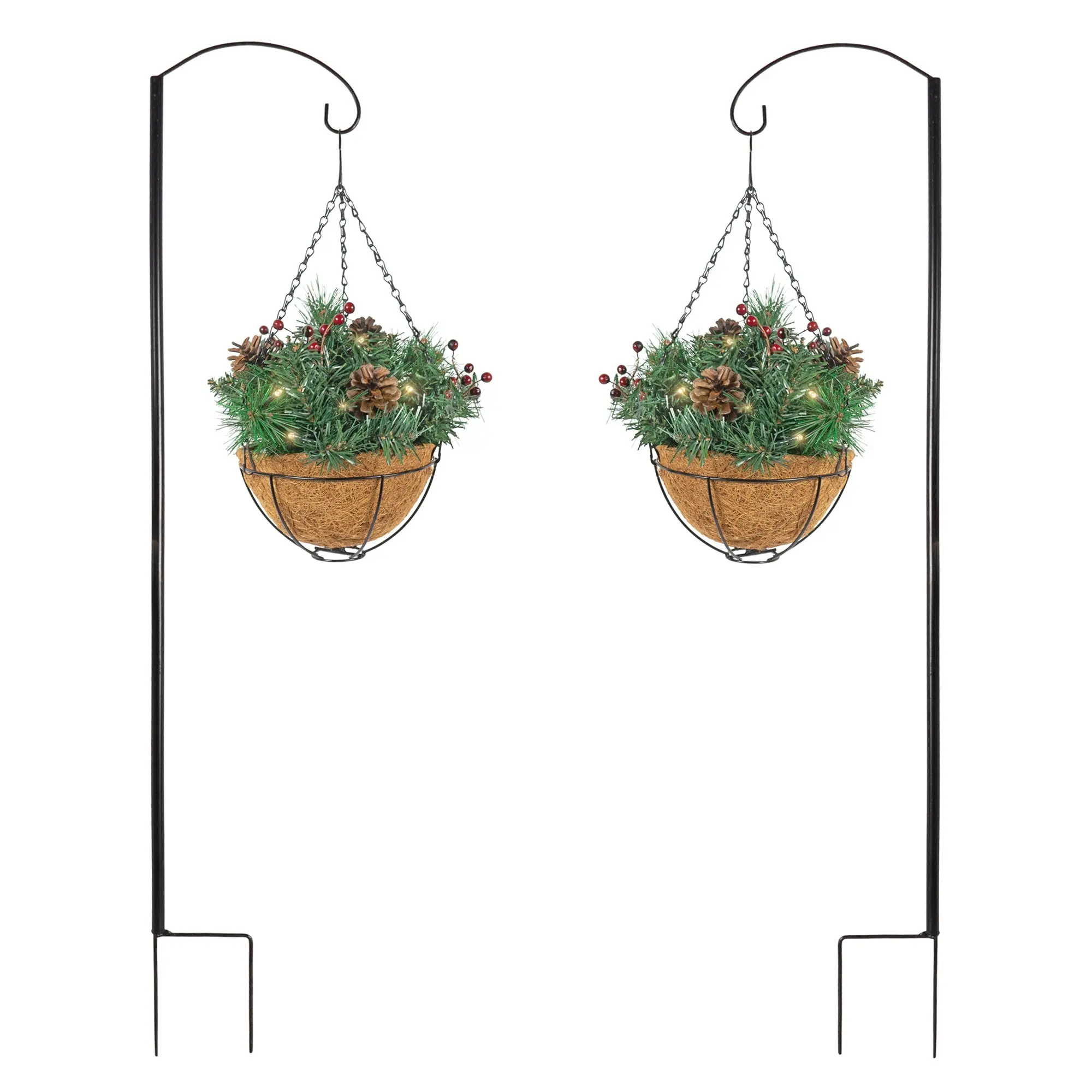 Equinox 2 Holiday Wonderland Artificial Christmas Hanging Baskets with Shepherd's Hooks (Pack of 2)