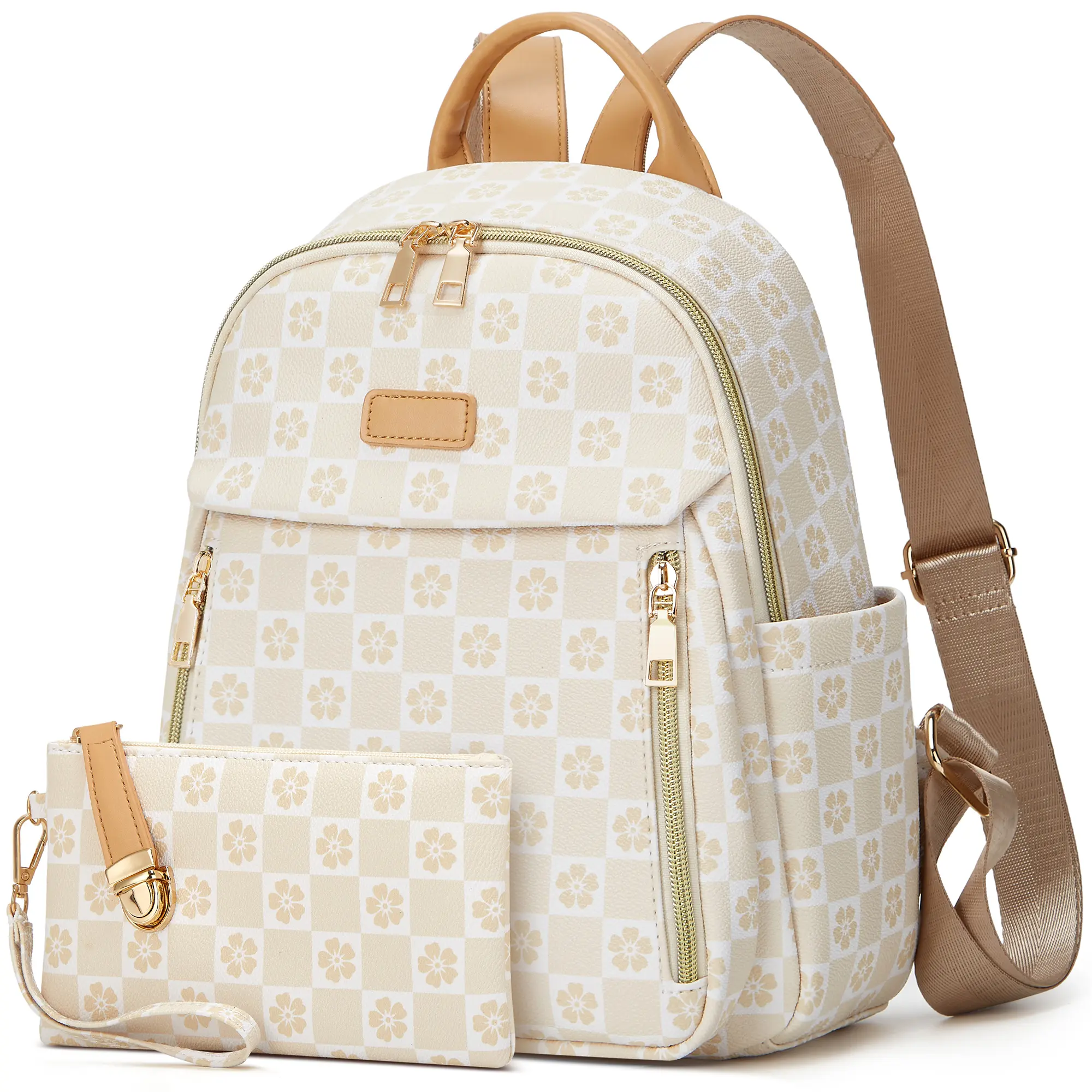 MAKES Small Backpack for Women, Casual PU Leather 2-Piece Daypack, Waterproof Travel Bag for Campus Life, Work & Holiday, Wallets For Women, Backpacks For Women
