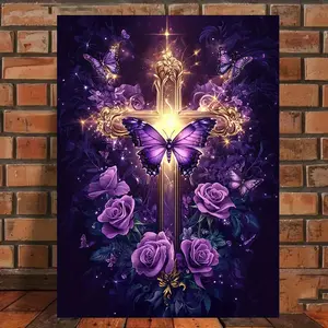 Elegant wrap-around frame wall art - The solemn cross decorates the purple roses and butterflies. The peaceful rooms in the living room, bedroom, and family office are decorated - Classic American style, vertical orientation, interior use, home decoration