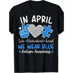 Autism Awareness April - in April We Wear Blue T-Shirt - Cotton Tee - Puzzle Piece & Peace Sign Design - Autism Shirt for Men, Women - Charity Events, Casual Attire - Machine Washable - Autism Parent & Advocate Apparel