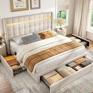 Raybee LED Bed Frame for Full/Queen with 3 Rolling Storage Drawers, Luxury Upholstered Platform Bed Frame with Adjustable Headboard & RGB LED Lights for Bedroom, Guestroom, Apartment, Heavy Duty Noise Free Bed Frame Holds 900lbs, Gray, Beige