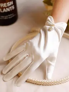 1pair White Short Satin & Pearl Solid Color Gloves Suitable For Wedding, Party, Driving And Daily Use